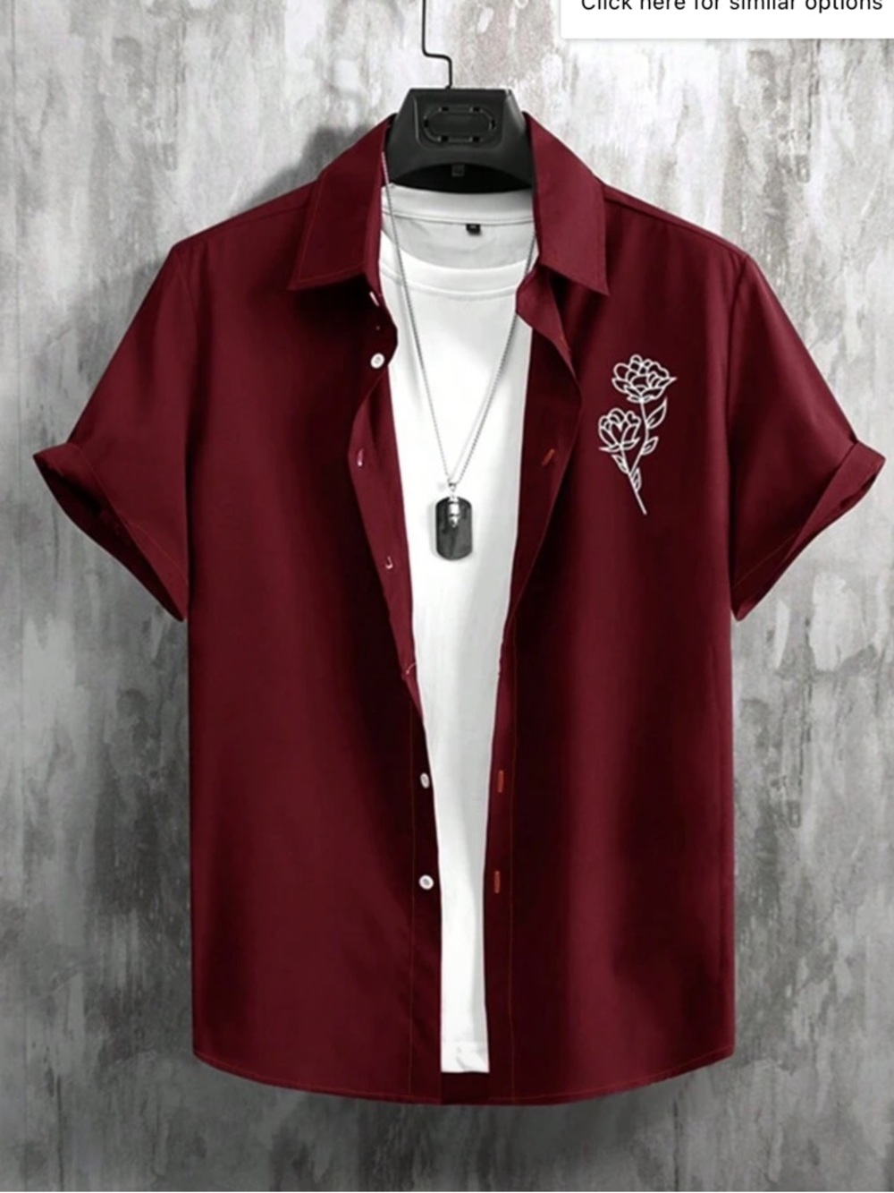Men's Short-Sleeve Button Shirt with Rose Embroidery - Burgundy